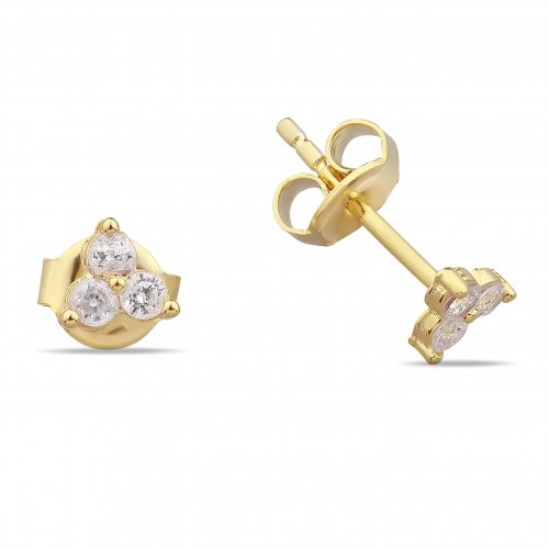 Three Tiny Flowery Studs White Stone -Gold Three Tiny Flowery Studs White Stone -Gold