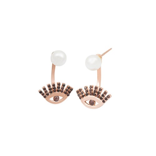 White Pearl With Evil eye earjackets-Brown-Rose Gold